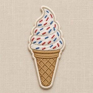 May include: An embroidered patch shaped like a soft serve ice cream cone. The ice cream is white with small red and blue sprinkles throughout. The cone is tan with a brown cross-hatched waffle pattern. The entire patch has a cream-colored border.