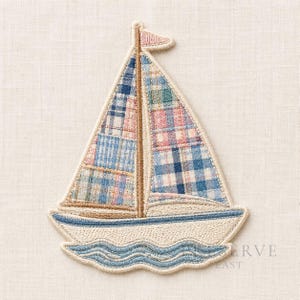 May include: Embroidered sailboat patch with a patchwork design in shades of blue, pink, and green. The boat features a beige mast and a pink pennant. The base of the boat has a blue wave design, ideal for nautical-themed projects.