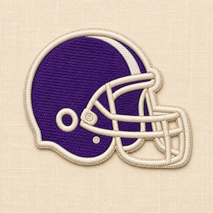 May include: An embroidered patch featuring a purple football helmet with a cream-coloured face mask and trim. The design is rendered in dense thread stitching, showcasing the rounded shape of the helmet and the protective bars of the face mask.