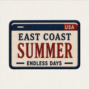 May include: A rectangular embroidered patch designed like a license plate with a cream background and dark blue border. It features the text EAST COAST in blue, SUMMER in large red letters, and ENDLESS DAYS in blue, with USA in a red corner box.