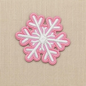 May include: A snowflake-shaped embroidered patch featuring a white center and radiating white arms, outlined with a thick, vibrant pink border. The design is composed of dense, textured stitching that creates a raised, detailed appearance.
