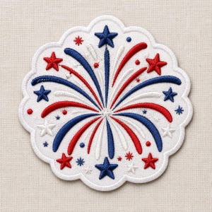 May include: Embroidered patch featuring a stylized firework design in red, white, and blue. The patch has a scalloped edge and includes stars and bursts, perfect for patriotic projects or apparel.