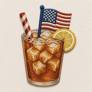 May include: An embroidered patch depicting a glass of amber-colored iced tea filled with square ice cubes. The glass features a red and white striped straw, a yellow lemon slice garnish, and a small American flag on a blue pole.