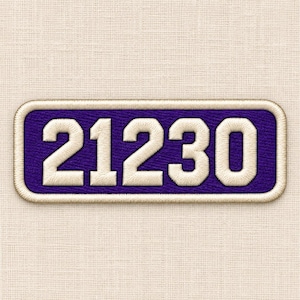 May include: A rectangular embroidered patch featuring the number 21230 in off-white thread against a deep purple background. The patch has a rounded corner design and is finished with a thick, off-white stitched border around the entire edge.