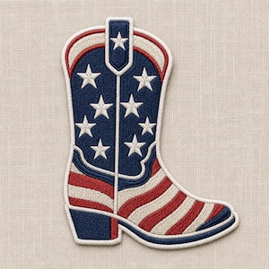 Puede incluir: Parche bordado de bota de vaquero con un diseño inspirado en la bandera estadounidense. La bota tiene un cañón azul con estrellas blancas, un pie a rayas rojas y blancas y un contorno blanco. Un accesorio patriótico.