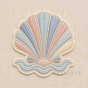May include: An embroidered patch featuring a stylized seashell design with alternating pastel pink, light blue, and soft yellow segments. The shell sits atop a wavy blue base, all outlined in a cream-colored thread on a beige fabric background.