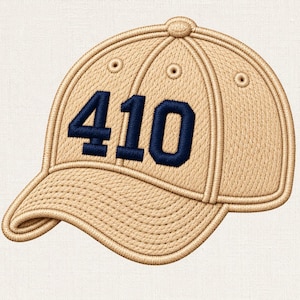 May include: A tan baseball cap featuring an embroidered design with the dark navy blue number 410 centered on the front panels. The cap has a structured crown with stitched eyelets and a curved brim, all rendered in a textured embroidery style.