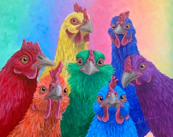 Rainbow Chickens ORIGINAL ART - Acrylic on Wrapped Canvas