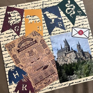 May include: A collage featuring elements from the Harry Potter series. It includes pennants with house crests, a Hogwarts Quidditch poster, a photo of Hogwarts castle, and miniature sweaters. The background is a parchment-like paper with handwritten script.