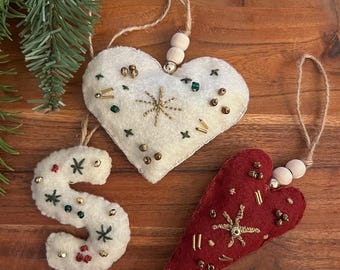 Handmade Christmas Ornament | Felt Beaded Ornament Set | Felt Personalized Letter Ornament