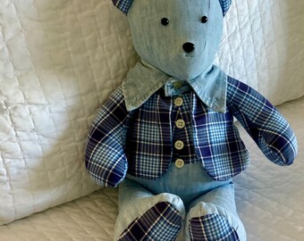 MEMORY BEAR, heart patch, Personalized, Keepsake bear, remembrance bear,  made from your loved ones clothing, memory gift