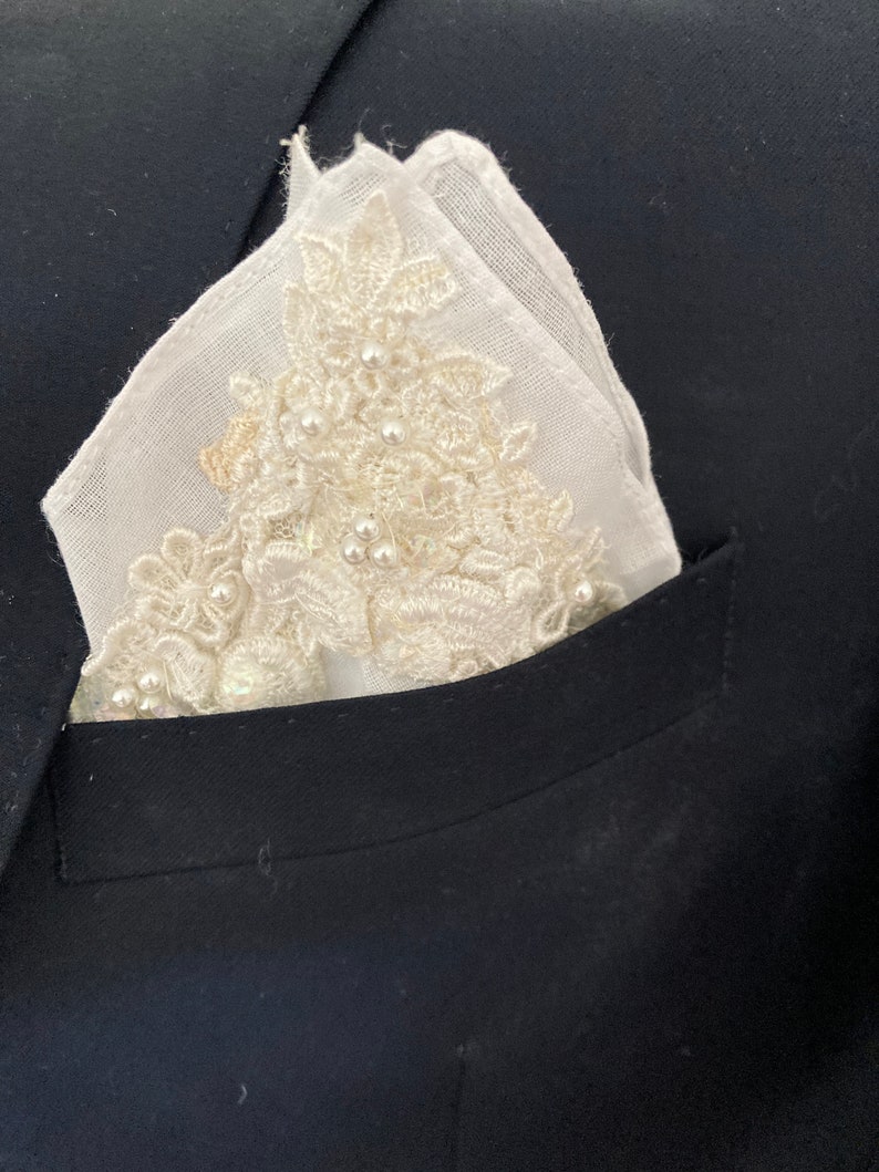 Pocket Square for dad, son, groom Use lace from Mom's wedding dress Wedding Hanky image 1