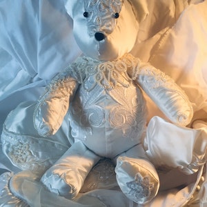 WEDDING DRESS BEAR from Wedding Dress, great use for moms dress -  keepsake, heirloom bear  made from a loved ones wedding dress