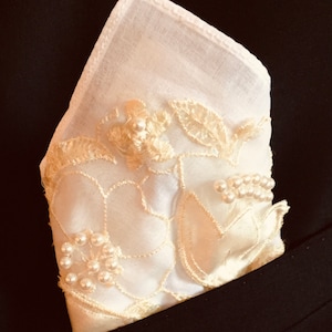 Pocket Square for dad, son, groom Use lace from Mom's wedding dress Wedding Hanky image 2