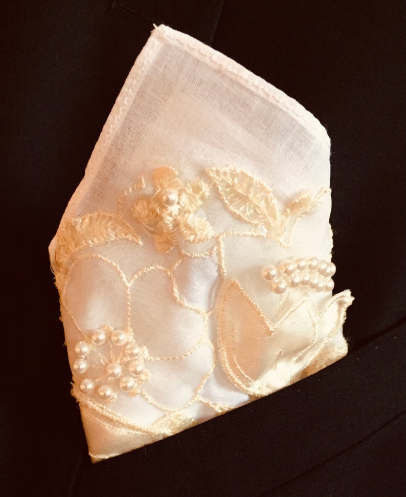 Pocket Square for dad, son, groom Use lace from Mom's wedding dress Wedding Hanky image 2