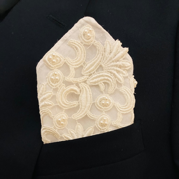 Pocket Square for dad, son, groom  - Use lace from Mom's wedding dress - Wedding Hanky