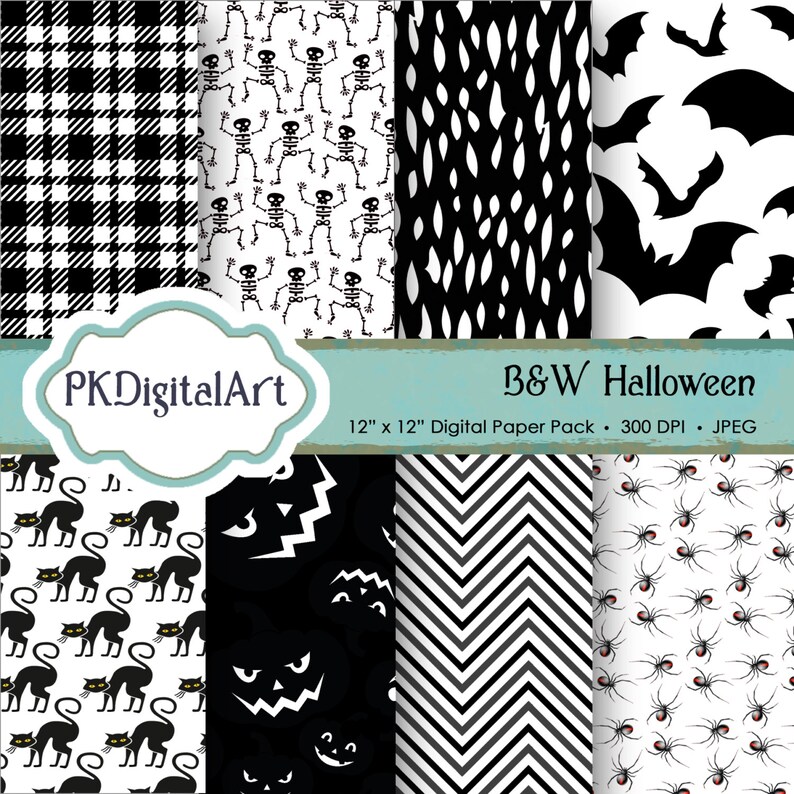 Black White Halloween Digital Paper Bw Halloween Etsy