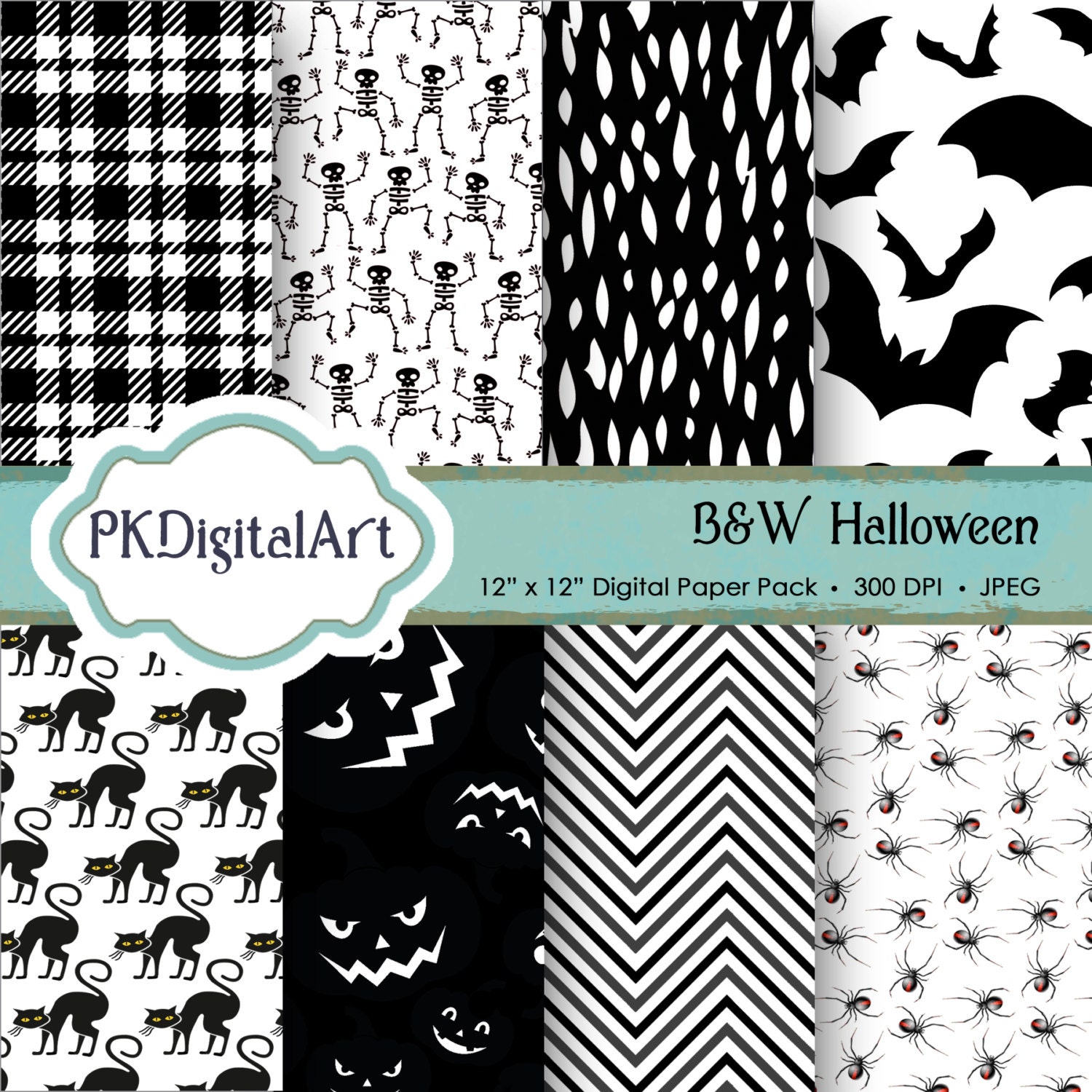 Black White Halloween Digital Paper Bw Halloween Etsy