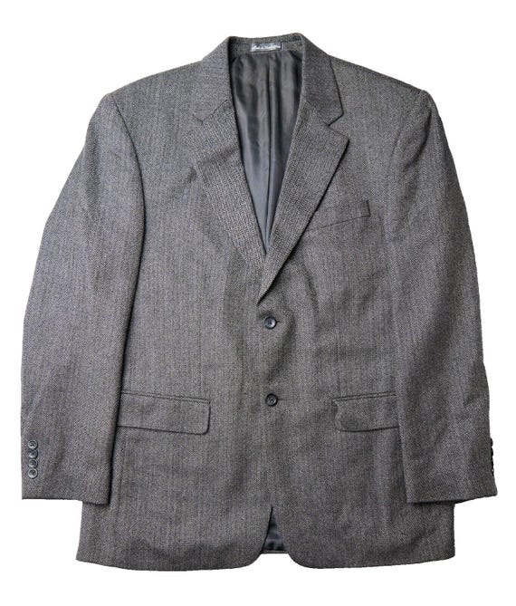 Vintage Oscar De La Renta Blazer 42R L Gray Wool Cashmere Herringbone Sport Coat
