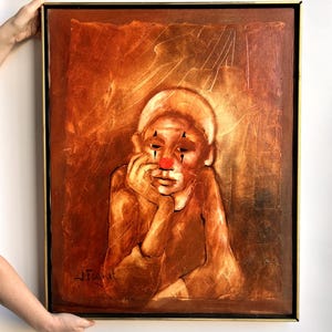 Pintura al óleo vintage firmada por Josette Faguet, payaso melancólico, arte expresionista, Pierrot, decoración de pared moderna de mediados de siglo