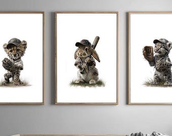 Pick Any 3 – Baby Animal Baseball Art | Physical Poster Prints in Three Sizes, Nursery Wall Art