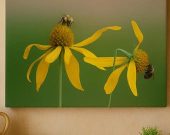 Bees and Yellow Wildflowers Nature Photography Print or Canvas Rocky Mountain Wall Art