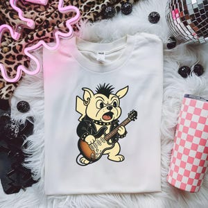 T-shirt Bulldog Cartoon - Punk Rock | Style rétro années 1930 | Cadeau pour mélomanes et amoureux des animaux