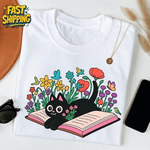 Cat Lover Tshirt| Cat Book Shirt| Floral Cat Shirt| Cat Lover Gift| Gift for Her| Cat Mom Shirt Gift| Cute Book Cat Tshirt| Cute Cat Shirts