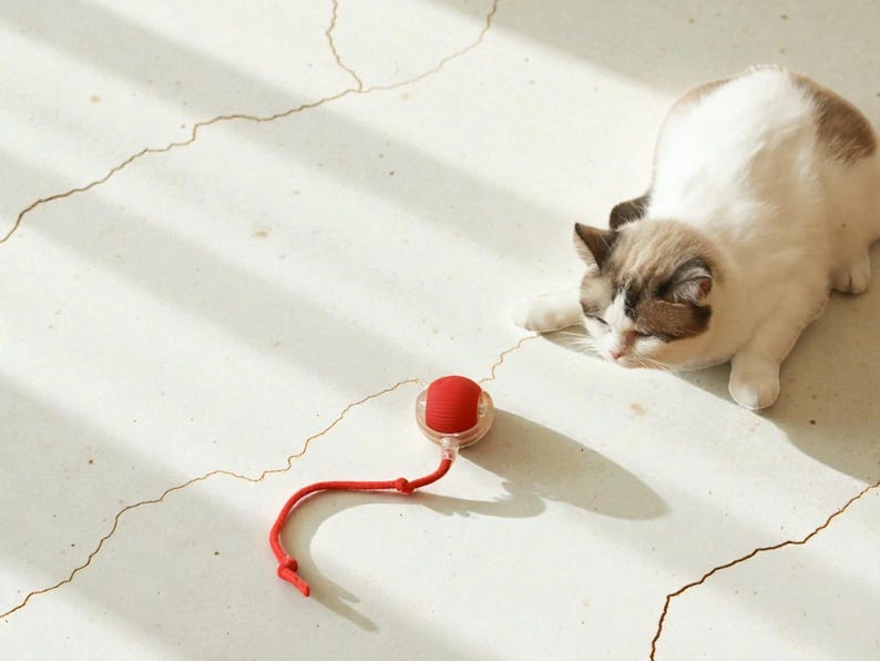 May include: A white and brown cat lies on a white surface, gazing at a red cat toy. The toy has a clear plastic base and a red, rounded top, connected to a red string. The scene is lit by natural light.