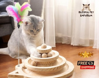 Interactive Wooden Cat Toy | Triple Disc Play Tower | Pet Training Enrichment Ball | Durable Entertainment Structure Activity
