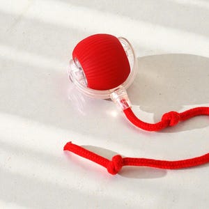 May include: A red, spherical object with a ribbed texture, encased in a clear, circular frame. A red rope is attached, knotted at two points. The object is likely a massage tool or similar wellness product.