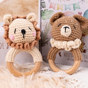 Baby Shower Gifts Box with Crochet Animal Rattle Pacifier Chain, New Baby Gift Box, Newborn Gift box, Baby Rattle Set, Welcome Box Baby