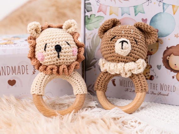 Baby Shower Gifts Box with Crochet Animal Rattle Pacifier Chain, New Baby Gift Box, Newborn Gift box, Baby Rattle Set, Welcome Box Baby