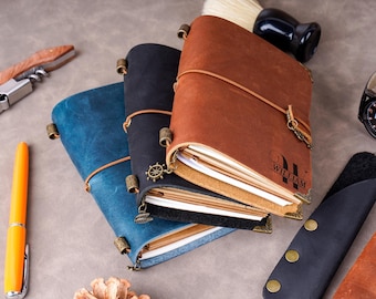 Refillable Leather Journal with Pen Holder - Custom Travel Journal, Engraved Leather Notebook, Travel Gifts, Sketchbook, Personalized Gift