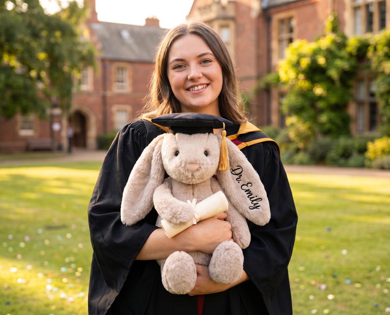 May include: A soft toy bunny wearing a graduation cap and holding a scroll. The bunny's ear is embroidered with "Dr. Emily". The person in the image is wearing a graduation gown and smiling in front of a brick building.