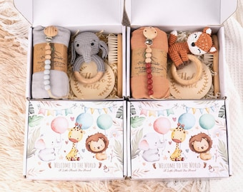 Personalized Baby Shower Gift Box, Newborn Gift box, Baby Gift Box Set with Pacifier Clip Crochet Rattle, Baby Rattle Set, Welcome Baby Box