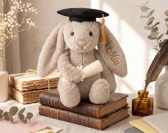 Custom Name Embroidered Graduation Rabbit, Personalized Graduation Bunny Plush, College Graduation Gift, Class of 2026 Stuffed Animal
