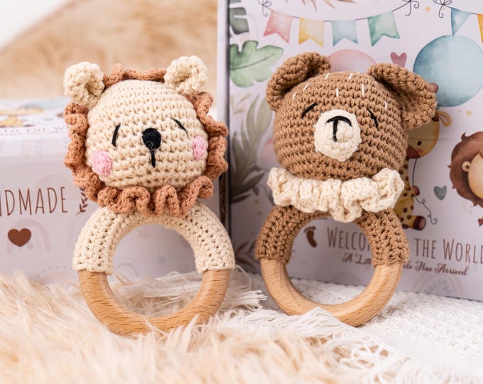 Baby Shower Gift Box, Newborn Gift box, Baby Gift Box Set with Pacifier Clip Animal Crochet Rattle, Baby Rattle Set, Welcome Box Baby