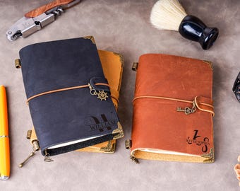 Custom Travel Leather Journal with Pen Holder, Refillable Journal, Engraved Leather Notebook, Travel Gifts, Gift for Him Her, Birthday Gift