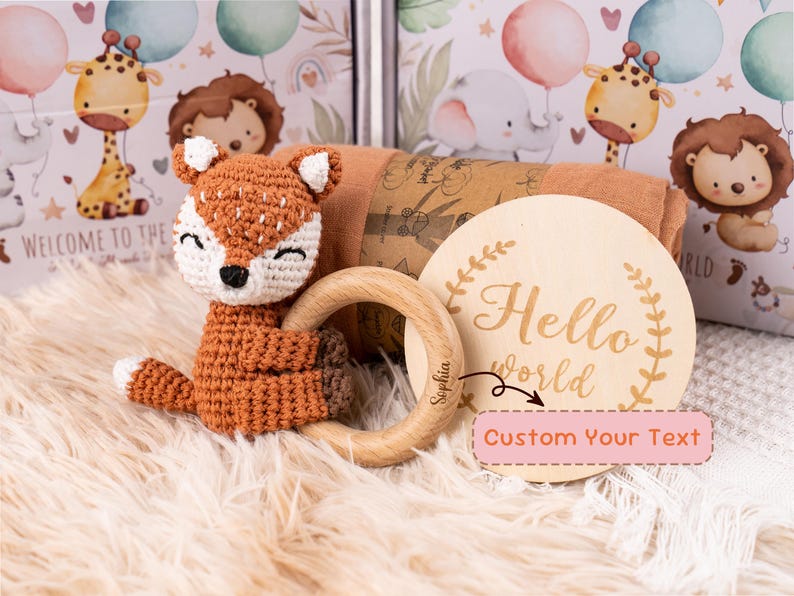Babyparty-Geschenkbox mit gehäkelter Tierrassel-Schnullerkette, neue Baby-Geschenkbox, Neugeborenen-Geschenkbox, Babyrassel-Set, Willkommensbox-Baby Bild 3