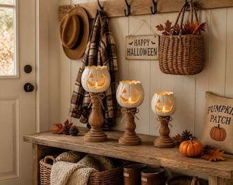 Pumpkin Tealight Holder, Halloween Mantel Decor, Jack O Lantern Lantern, Fall Housewarming Gift