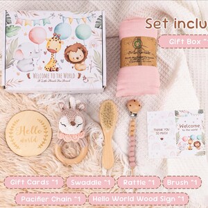 Babyparty-Geschenkbox mit gehäkelter Tierrassel-Schnullerkette, neue Baby-Geschenkbox, Neugeborenen-Geschenkbox, Babyrassel-Set, Willkommensbox-Baby Bild 4