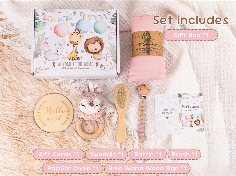 Babyparty-Geschenkbox mit gehäkelter Tierrassel-Schnullerkette, neue Baby-Geschenkbox, Neugeborenen-Geschenkbox, Babyrassel-Set, Willkommensbox-Baby Bild 4