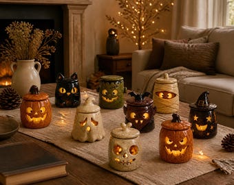 Halloween-Laterne aus Keramik, handgefertigter Teelichthalter, gotische Herbstdeko, Herbstgeschenk für die Familie