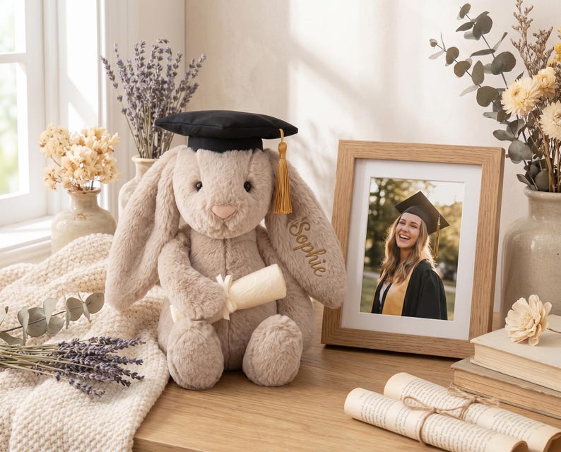 May include: A soft, light brown bunny toy wearing a black graduation cap with a gold tassel and holding a scroll. The bunny has the name "Sophie" embroidered on its ear. A framed photo of a graduate is also visible.