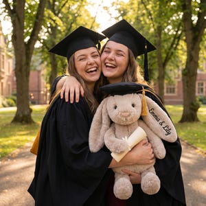 May include: Two graduates in black gowns and mortarboards laugh, embracing and holding a plush bunny wearing a graduation cap. The bunny has a scroll and the names "Emma & Lily" embroidered on its ear. A tree-lined path and a brick building are in the background.