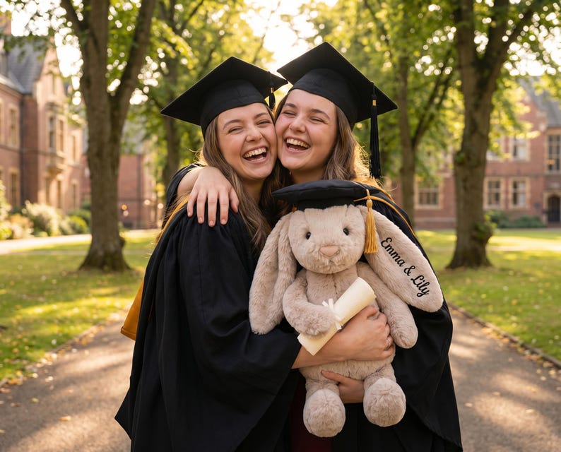 May include: Two graduates in black gowns and mortarboards laugh, embracing and holding a plush bunny wearing a graduation cap. The bunny has a scroll and the names "Emma & Lily" embroidered on its ear. A tree-lined path and a brick building are in the background.