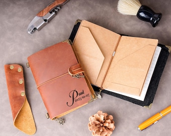 Custom Travel Journal with Pen Holder, Refillable Leather Journal, Engraved Leather Notebook, Travel Gifts, Valentine Gift, Gift for Him Her