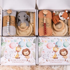 Babyparty-Geschenkbox mit gehäkelter Tierrassel-Schnullerkette, neue Baby-Geschenkbox, Neugeborenen-Geschenkbox, Babyrassel-Set, Willkommensbox-Baby Bild 2