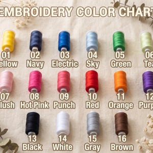 May include: An embroidery colour chart showing 16 thread colours: yellow, navy, electric blue, sky blue, green, tea, blush, hot pink, punch, red, orange, purple, black, white, grey, and brown. The chart is labelled "EMBROIDERY COLOUR CHART".